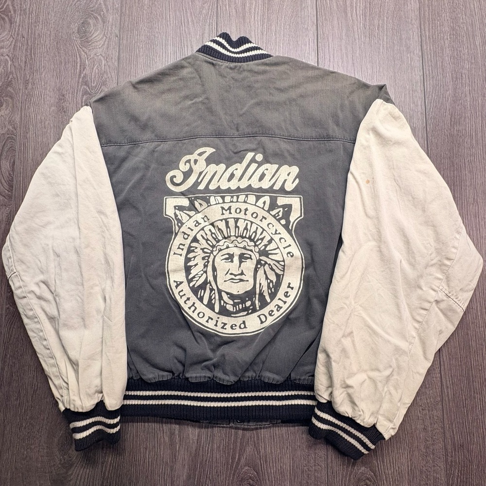 Vintage Indian Motorcycle Bomber Jacket Mens Large Gray Cream Varsity Canvas L